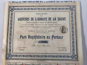 Société des Liqueurs de l'Abbaye de la Sauve de 100F Paris 1901 shares - Picture 1 of 4