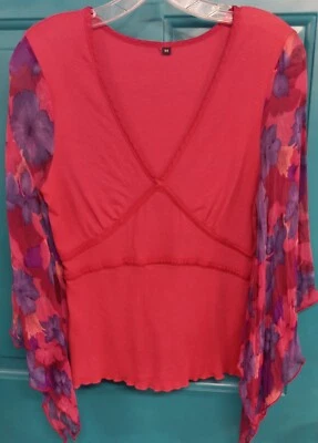 Vintage Velvet Brand Sheer Flutter Sleeve Light Red Cotten Top Floral Sleeves M Foto 1 de 4