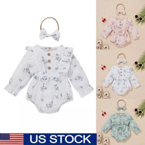 Baby Girls Clothes Outfits Ruffle Sleeve Bodysuit Floral Romper Dress Headband - Picture 1 of 13