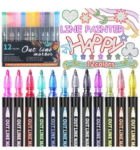 12 Colors Drawing Double Line Outline Pen Highlighter Marker Pens For School UK+ - Picture 1 of 12