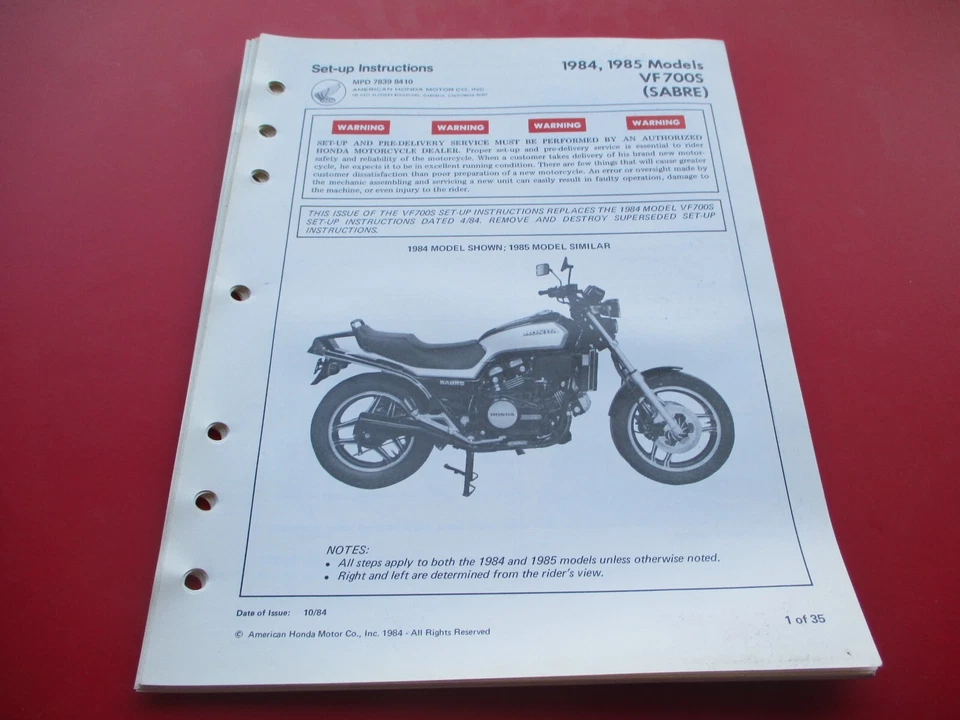 OEM ORIGINAL HONDA MANUAL DE INSTRUCCIONES 1984 1985 VF700S SABRE Foto 1 de 1