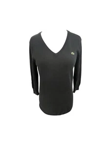 LACOSTE Womens V-Neck Jumper Sweater Size 40 Medium Black Cotton 3/4 Sleeve - Picture 1 of 7