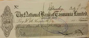 Antique Cheque The National Bank Of Tasmania Stanley Circular Head 1888 - Picture 1 of 1