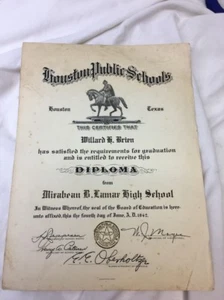 Vintage 1942 Houston Public Schools Diploma, Mirabeau B Lamar High School, Texas - Picture 1 of 6
