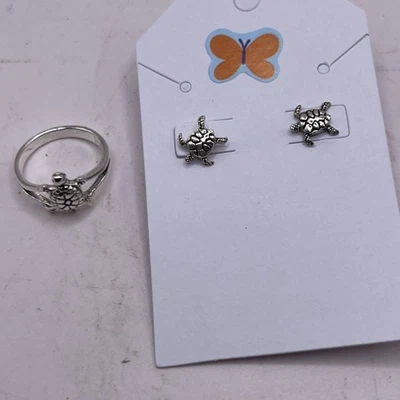 Adorable Sterling Silver Turtle Ring And Earrings Lot - Image 1 of 4