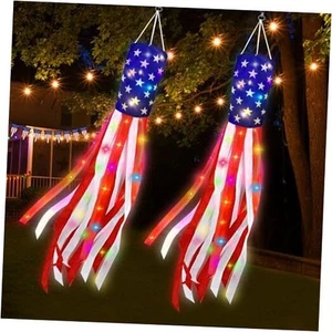 2 Pcs 60" Large American USA Flag Windsocks with 40 LED Light, 4th of July - Picture 1 of 7