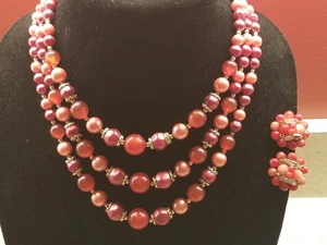 3 Strands Vintage CRANBERRY Pink Shade Beads Graduated JAPAN Necklace / Earrings - Picture 1 of 10