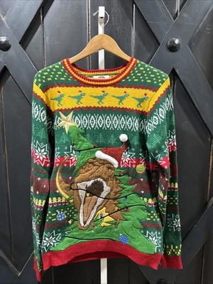 Dinosaur Ugly Christmas Sweater Holiday Time Long Sleeve Crew Neck Size M - EUC - Image 1 of 4