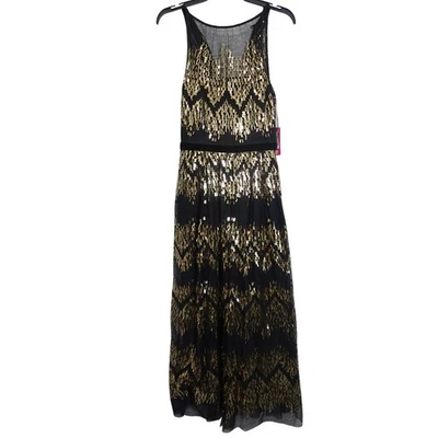 Vestido midi Vince Camuto Talla 0 lentejuelas cuello ilusión en negro y dorado Foto 1 de 4