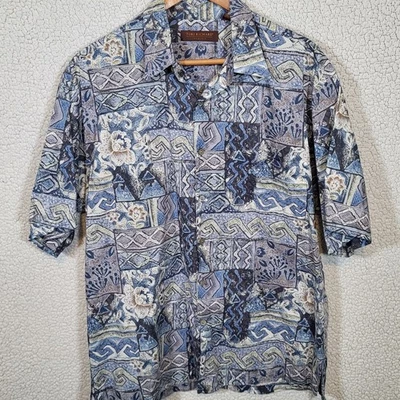 Tori Richard Cotton Lawn Mens Large Blue Gray Geometric Button Up Made in USA - Image 1 of 4