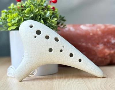 Alto C 12 Hole Matt White Crackle Ceramic Ocarina - Easy to Learn & Great Gift! - Image 1 of 4