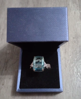 Sayabling Aquamarine Emerald Cut & CZ Sterling Silver Cocktail Ring Size 9.75 - Image 1 of 4