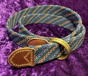 J Crew D Ring Belt Mens Medium Woven Navy Blue Fabric Colorful Y2K Leather 37.5” - Picture 1 of 6
