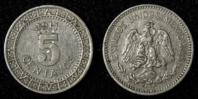 México ESTADOS UNIDOS MEXICANOS Níquel 1911 M 5 Centavos Ancho Fecha KM# 421 (419) Foto 1 de 3