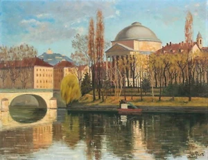 "Veduta di Torino dal lungo Po", di M. Perotti, olio su tela, "View of Turin" - Foto 1 di 7