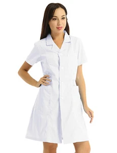 Women's Short Sleeve Lab Coat Medical Nurse Doctor Coat Hospital Uniform Dress - Picture 1 of 50