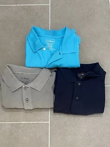 LL Bean LOT (3) Men's Medium Blue Gray Slightly Fitted Short Sleeve Polos Cotton - Picture 1 of 12