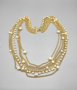 Vintage Joan Rivers, Gold Tone, Pearl Beaded Multi Strand Necklace 30", N5