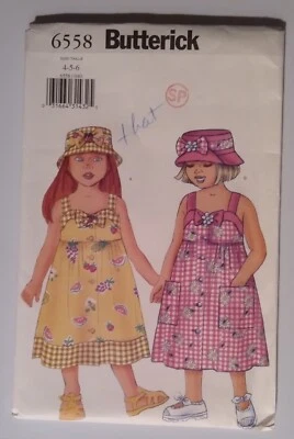 BUTTERICK #6558 GIRLS SIZES 4-5-6 SUNDRESS & HAT PATTERN UNCUT - Image 1 of 3