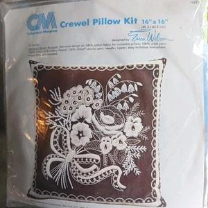 Vintage CM Crewel White & Brown Floral Pillow Kit 7163 Erica Wilson Sealed - Picture 1 of 5