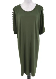 Michael Kors Dress Plus Size 3X Olive Green Stretch Knit Midi Shift Open Sleeve - Picture 1 of 12