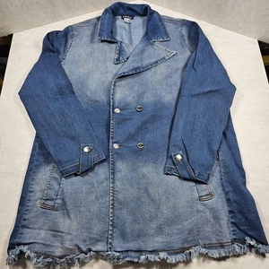 Venus Womens XL Denim Knee Length Coat Light Dark Wash Distressed Pre-owned - Picture 1 of 19