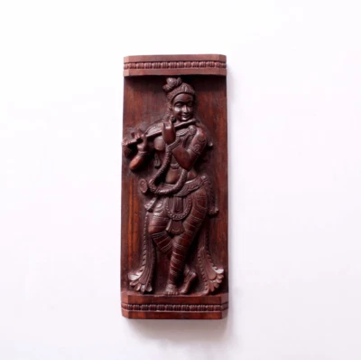 Estatua de Krishna panel de pared de madera templo talla dios hindú decoración del hogar escultura Foto 1 de 4