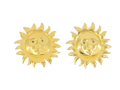 VTG SIGNED CAROLEE GREEN STONE JEWELED EYE GOLDEN SUN FACE CLIP-ON EARRINGS - Image 1 of 4