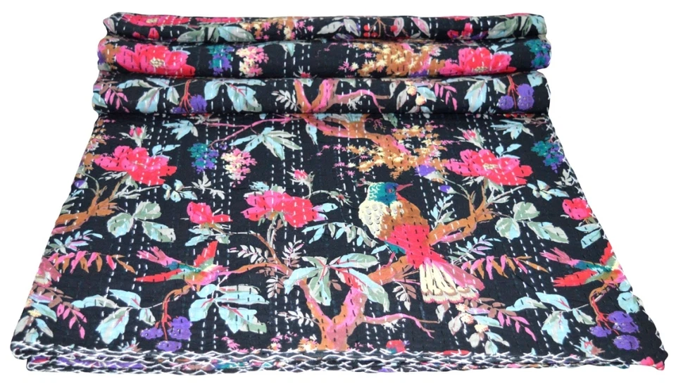 Manta de algodón Gudari hecha a mano india vintage Kantha edredón doble pájaro  Foto 1 de 4