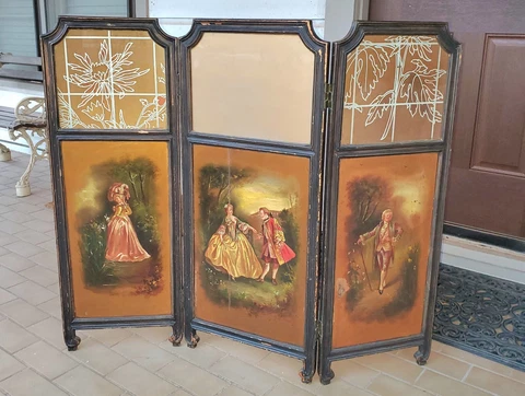 Beautiful Antique Hand Painted Vernis Martin Petite 3-Panel Screen Cover