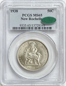 1938 US NEW ROCHELLE 50c COMMEMORATIVE SILVER COIN PCGS MINT STATE 65 CAC - Picture 1 of 2