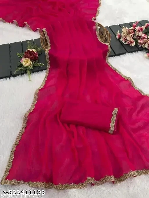 Chiffon Embellished Work Lace Border Two Tone Designer Saree - Image 1 of 1