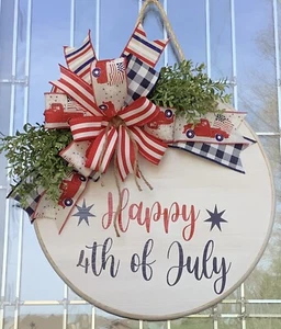 "Happy 4th of July" Round Wooden Front Door Wreath, Door Hanger 18" - Picture 1 of 5