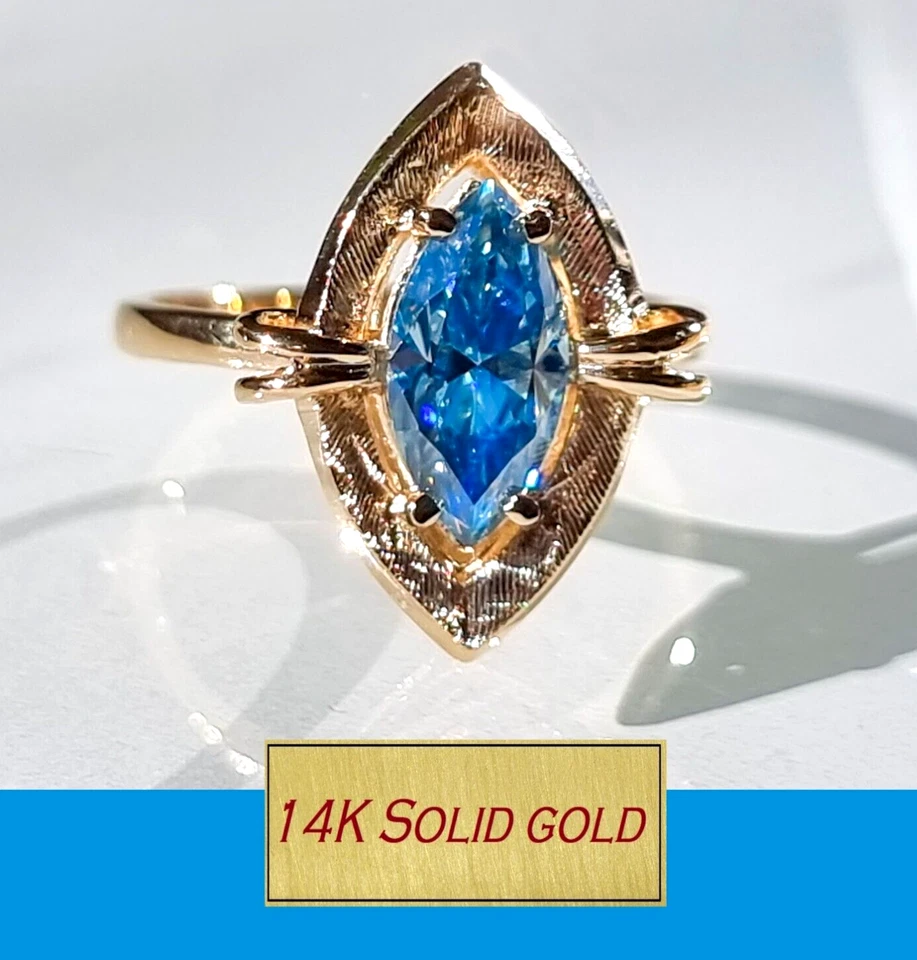 Anillo Vintage, 1ct Oro Macizo 14k, Anillo Estatal con Moissanita Color Azul Aqua Nuevo Foto 1 de 4