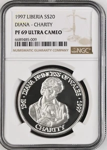 1997 LIBERIA SILVER 20 DOLLARS DIANA - CHARITY - NGC PF 69 ULTRA CAMEO - Picture 1 of 2