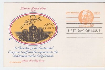 TurtlesTradingPost- John Hancock- 1978 #UX75  Postal Card FDC- Fleetwood Cachet - Image 1 of 2