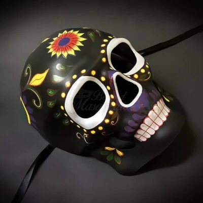 Day of the Dead Full Face Black Skull Halloween Masquerade Mask with Sunflower - Image 1 of 4