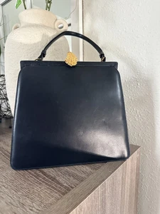 VTG Navy Blue Bienen-Davis Leather Handbag Goldtone Seashell Clasp (circa 1940s) - Picture 1 of 10