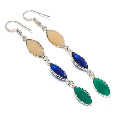 Emerald(Simulated) Blue Topaz Gemstone 925 Sterling Silver Earring 2.9" K335 - Image 1 of 3