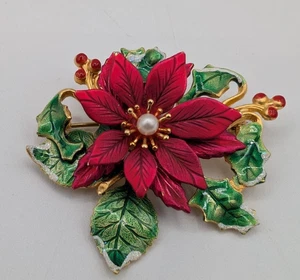 Kenneth Cole KC red green gold poinsettia brooch 2" Christmas - Picture 1 of 4
