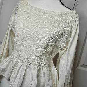 Free People Smocked Peplum Top Puff Longsleeve Boatneck Size Large Ivory - Picture 1 of 11