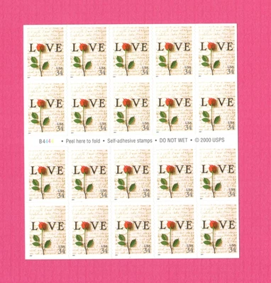 Sc # 3497 ~ Booklet Pane of 20 ~ 34 cent Rose & Love Issue - Image 1 of 2