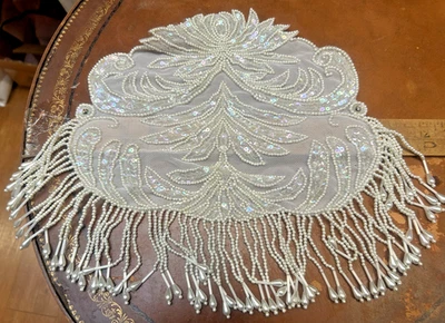 vintage panel pearls sequins bead fringe netting 1pc hand sewn - Image 1 of 4