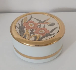 "Caja de baratijas redonda de porcelana chokin vintage adorno oro 24K colibrí Japón 4x2""" - Imagen 1 de 5
