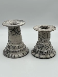 (2) RAKU Handmade Fire Glazed Signed Cream Color Crackle Glaze Candle Holders - Picture 1 of 15