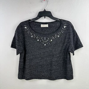 Abercrombie & Fitch Tshirt Womens M Cropped Gray Heather Beaded Short Sleeve Tee - Picture 1 of 8