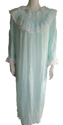 Gilead Intimate Romantic Nightgown Blue 100% Cotton Crep LS Pleats Wide Lace NWT — 第 1/4 张图片