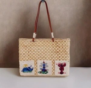 NWT~QVC Woven Straw Cornhusk Bag Tote Nautical Theme Whale Lighthouse Lobster - Picture 1 of 9