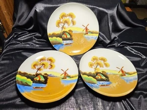 3-VINTAGE JAPAN PLATES-HANDPAINTED-LUSTERWARE-HOME WINDMILL BOAT-LOVELY -8 1/2" - Picture 1 of 7
