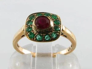 DAINTY 9CT 9k GOLD RUBY EMERALD CLUSTER SQUARE ART DECO INS RING FREE SIZE - Picture 1 of 5